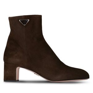 Prada 55MM Moro Chocolate Brown Suede Logo Short Ankle Block Heel Bootie 37.5